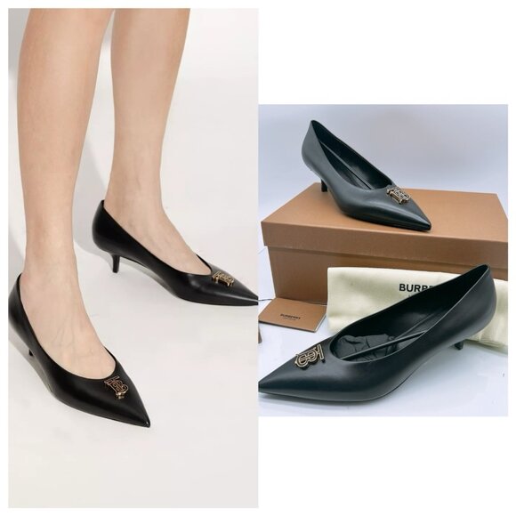 BURBERRY Women's EZRA 40 TB Pumps Low Heel Black Leather EU 39 US 9 - Picture 1 of 16